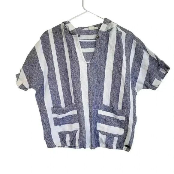 Roxy Women's White & Navy Cotton Large Striped Short Sleeve Hoodie - Picture 1 of 10